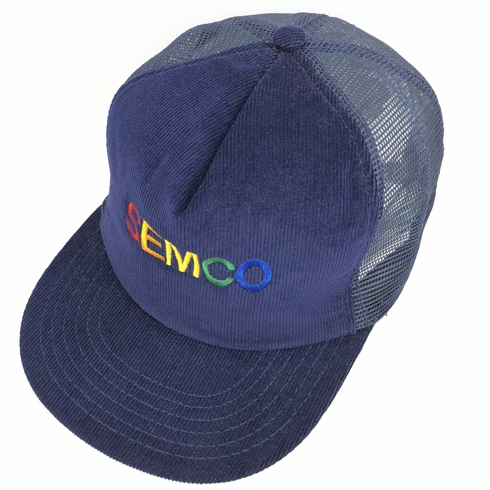 Vintage Corduroy Trucker Hat Cap Blue Mesh Semco Coal Mining 80s Made In USA